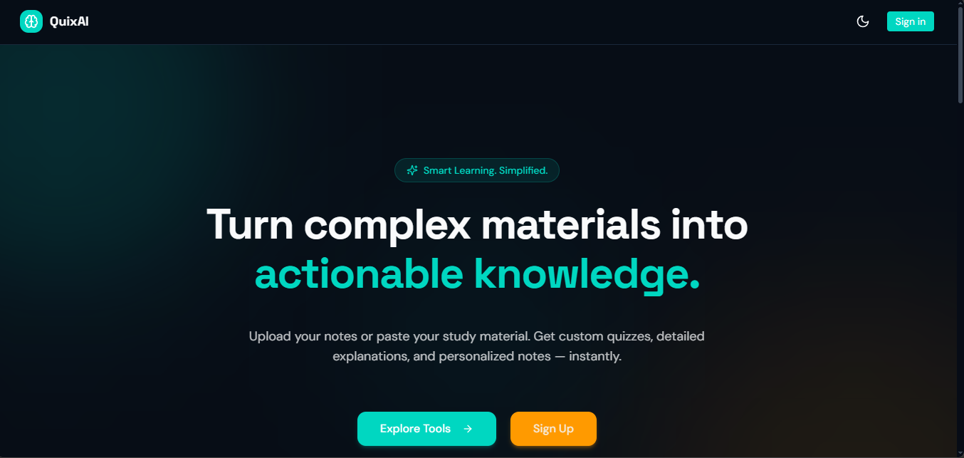 Screenshot of Quix AI , a web app that helps students with study tools. Developed by Awolesi Victor, showcasing frontend development skills and AI integration for educational support