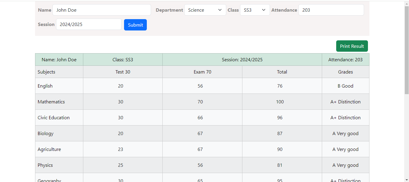 Result Processor web application screenshot