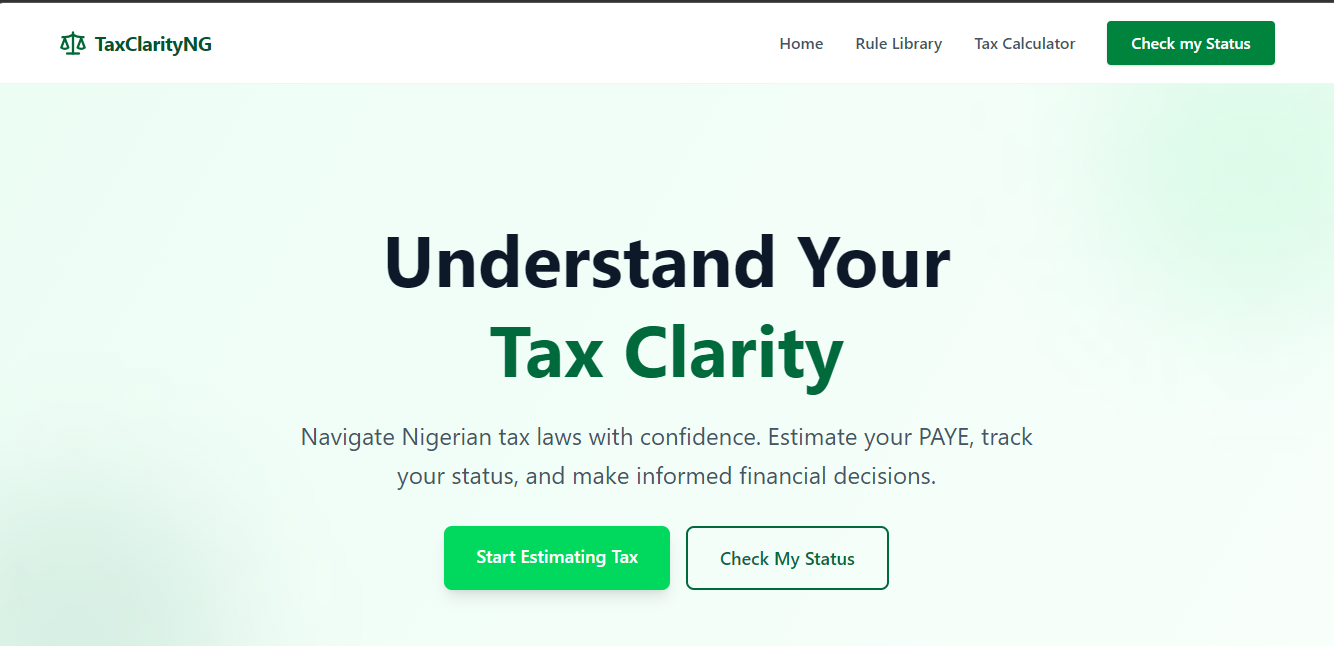 Screenshot of TaxClarity , A website developed to clarify and enlighten people on how they are being taxed. Developed by Awolesi Victor