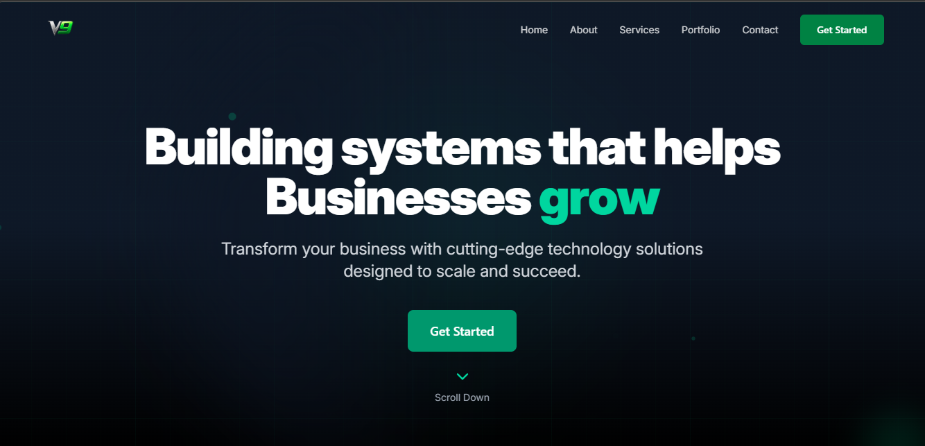 Screenshot of V9 Technologies , A webdevelopment agency website which clients can contact developers to build their projects. Developed by Awolesi Victor