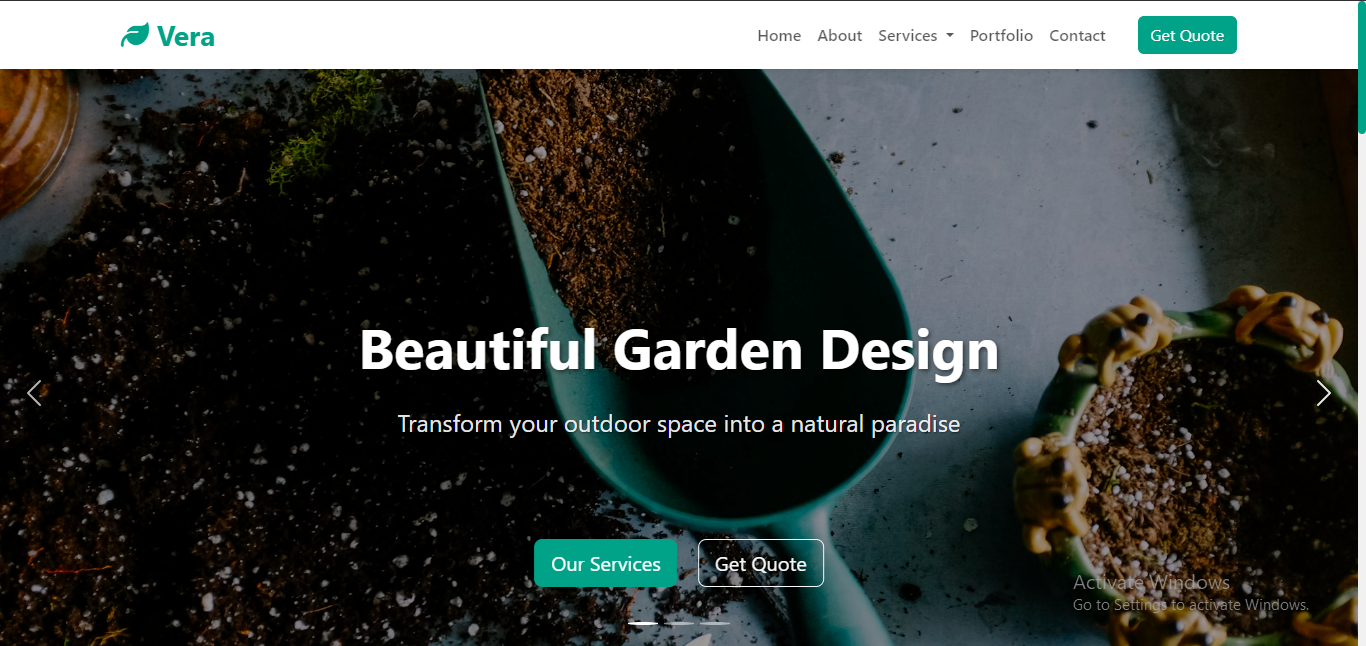 Vera landscaping website screenshot, a responsive web design project by Awolesi Victor featuring modern landscaping services